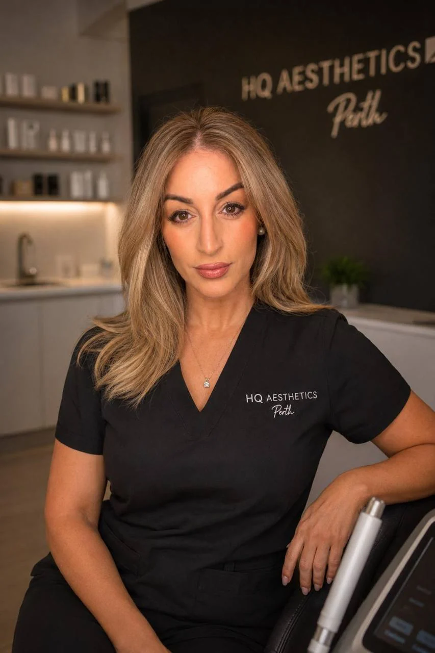Simone, the therapist at HQ Aesthetics in Melville, Perth, in her treatment room
