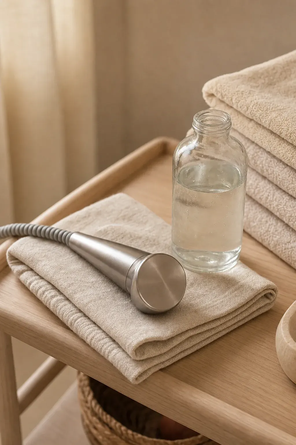 The cavitation handpiece resting on folded towels beside a bottle of conductive gel in the treatment room