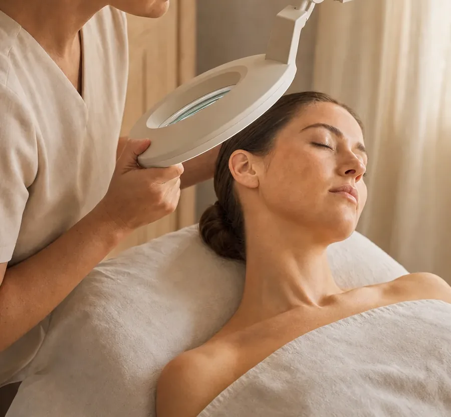 A client's skin read under a magnifying lamp before a peel at HQ Aesthetics in Melville, Perth