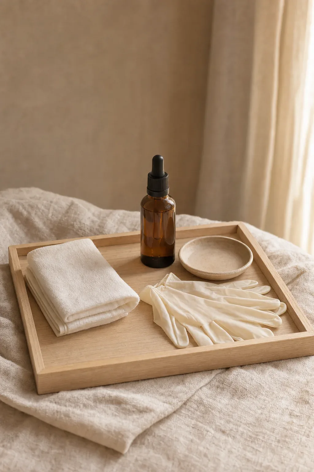 A prepared treatment tray with folded linen, gloves and a plain dropper bottle
