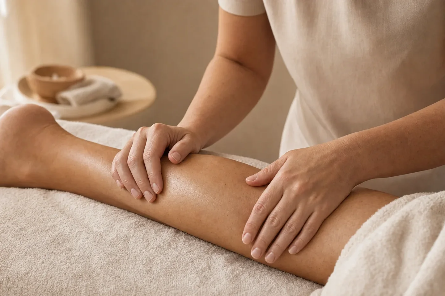Two hands working lymphatic drainage up the calf on the treatment bed