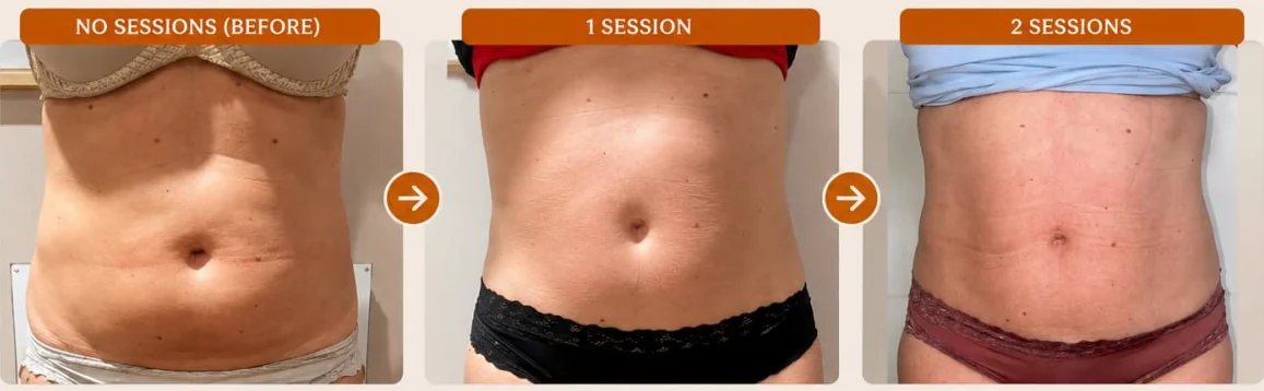 A client's abdomen photographed before treatment and after each of two fat cavitation sessions at HQ Aesthetics in Melville, Perth