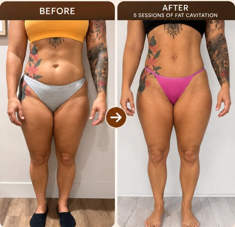 A client's abdomen and thighs before and after fat cavitation at HQ Aesthetics in Melville, Perth