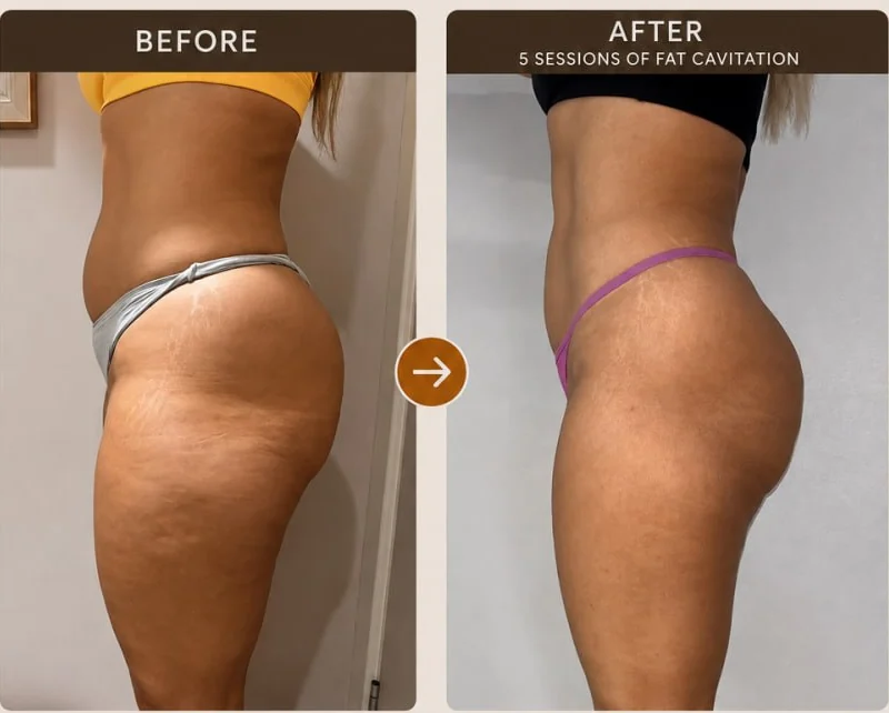 A client's hips and thighs in profile before and after fat cavitation at HQ Aesthetics in Melville, Perth