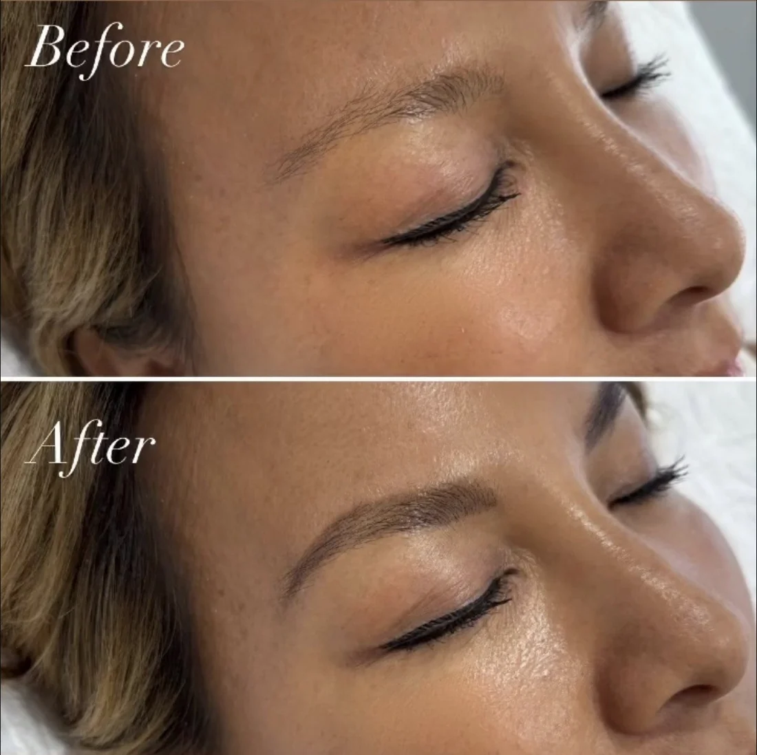 A client's sparse brow before and after a brow wax and tint at HQ Aesthetics in Melville, Perth