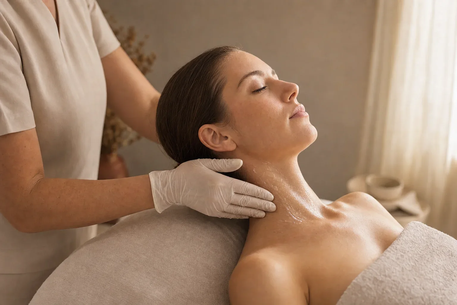 A gloved practitioner working across a client's neck and decolletage on the treatment bed